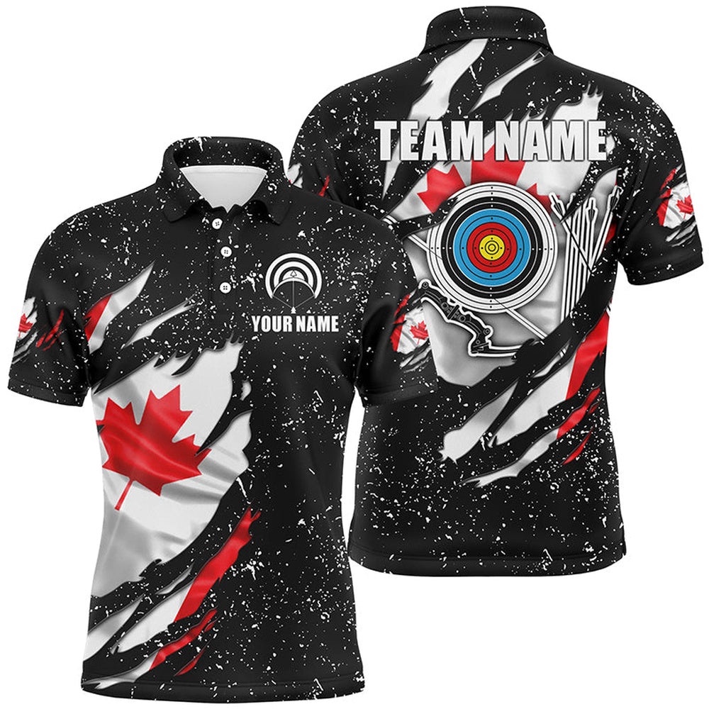 Grunge Canada Flag Target Archery Sets Men Polo Shirts Custom Patriotic Archery Jersey Attire, Custom Archery Team Polo Shirt