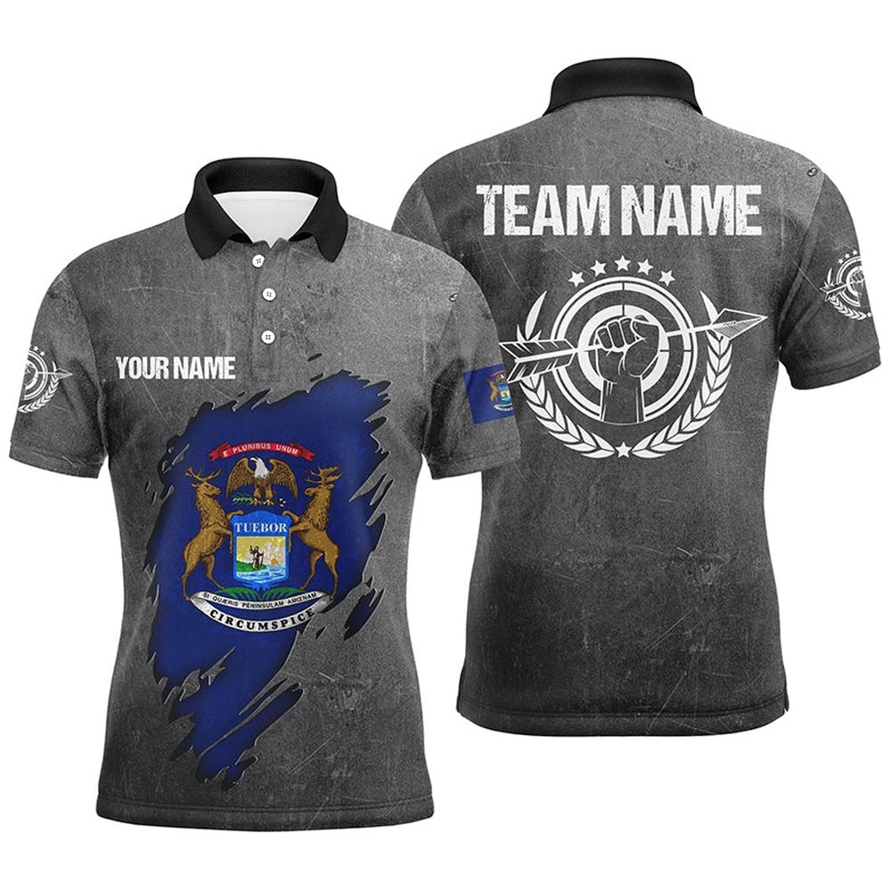Grunge Michigan Archery Men Polo Shirts, Custom Team Name Patriotic Michigan Flag Archery Polo, Custom Archery Team Polo Shirt