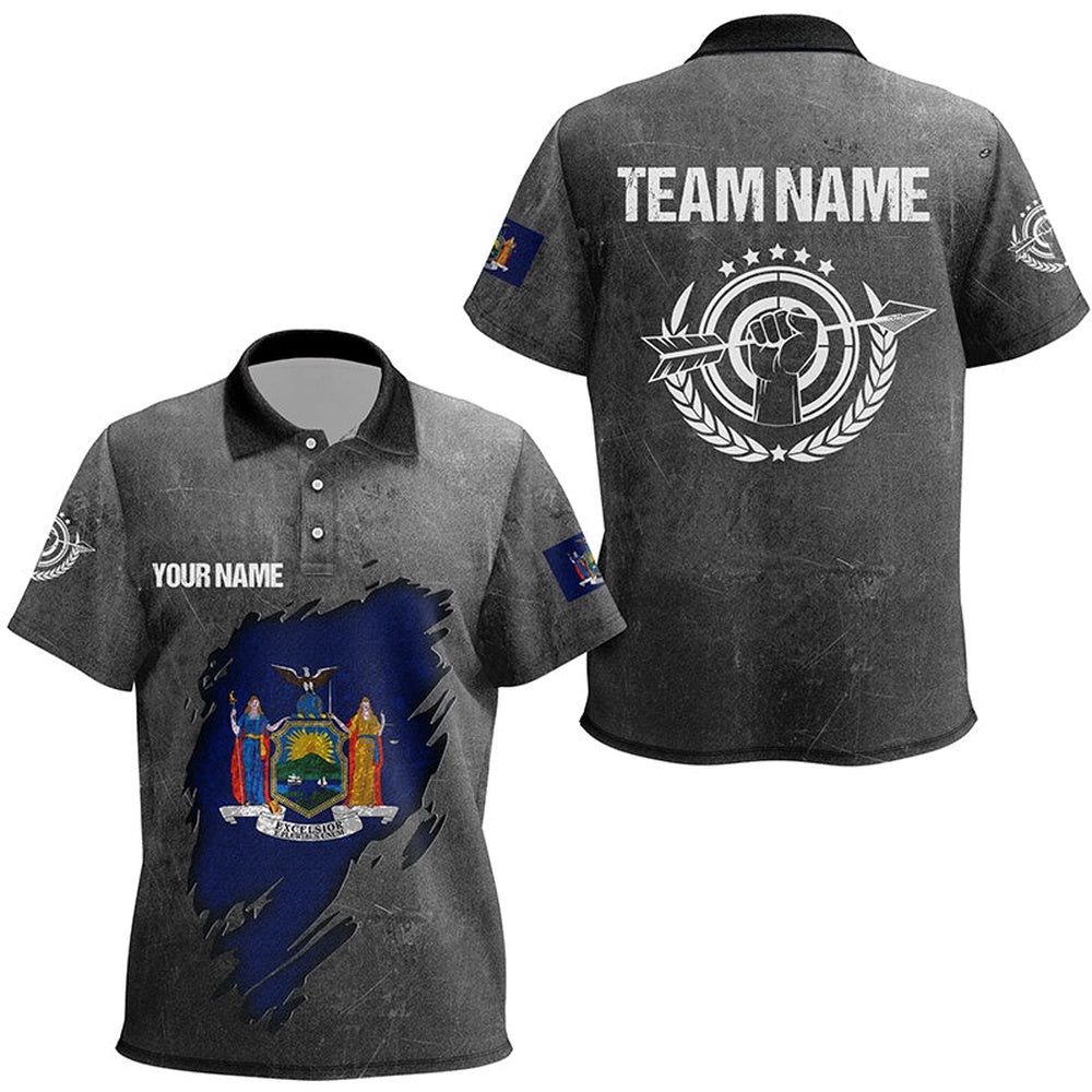 Grunge New York Archery Polo Shirts, Custom New York Flag Shirts For Archers, Custom Archery Team Polo Shirt Grunge New York Archery Polo Shirts, Custom New York Flag Shirts For Archers, Custom Archery Team Polo Shirt