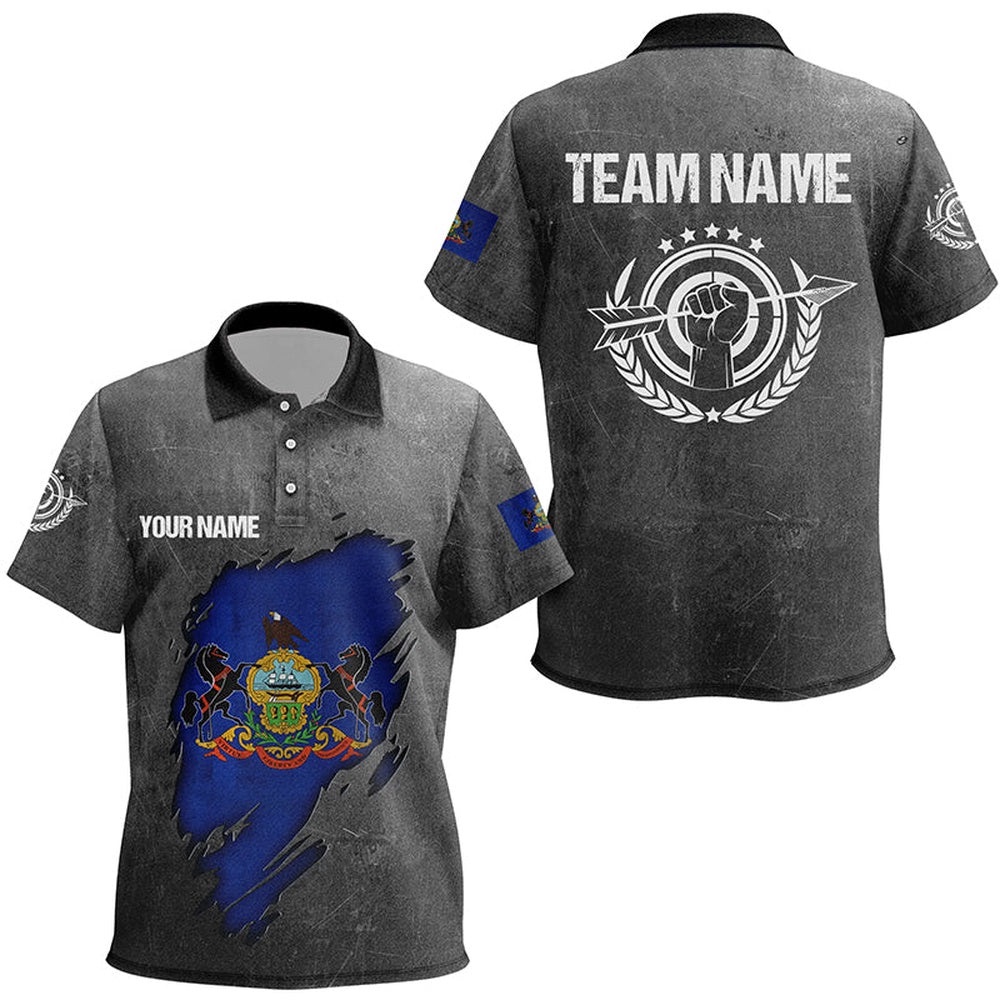 Grunge Pennsylvania Archery Polo Shirts, Custom Patriotic Pennsylvania Flag Archery Polo, Custom Archery Team Polo Shirt