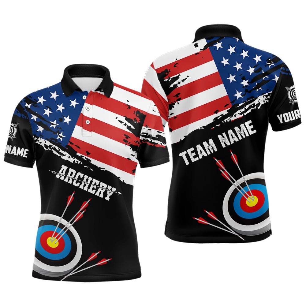Grunge USA Flag Archery Shirts For Men Custom Patriotic Th Of July Archery Polo, Custom Archery Team Polo Shirt
