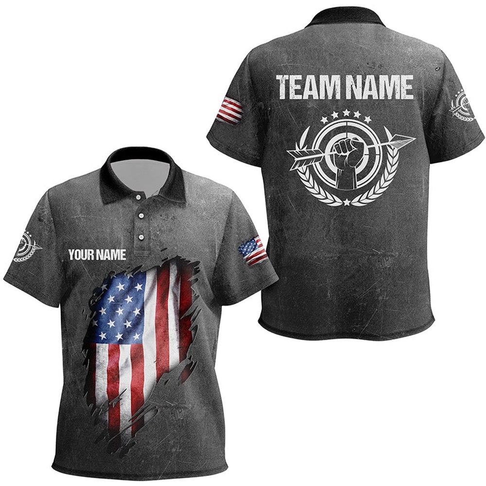 Grunge US Archery Polo Shirts Custom American Flag Shirts For Patriotic Archers, Custom Archery Team Polo Shirt