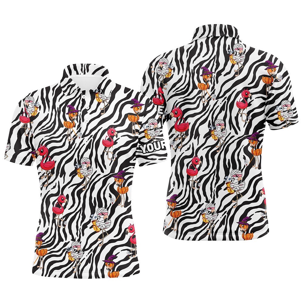 Halloween Flamingo Men’s Golf Polos Shirts Custom Black And White Zebra Pattern Golf Tees For Men’s, Golf Polo Shirt, Golf Shirts Halloween Flamingo Men’s Golf Polos Shirts Custom Black And White Zebra Pattern Golf Tees For Men’s, Golf Polo Shirt, Golf Shirts