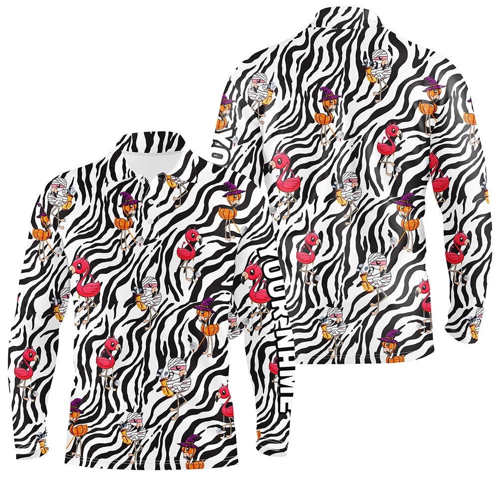 Halloween Flamingo Men’s Golf Polos Shirts Custom Black And White Zebra Pattern Golf Tees For Men’s, Golf Polo Shirt, Golf Shirts Halloween Flamingo Men’s Golf Polos Shirts Custom Black And White Zebra Pattern Golf Tees For Men’s, Golf Polo Shirt, Golf Shirts
