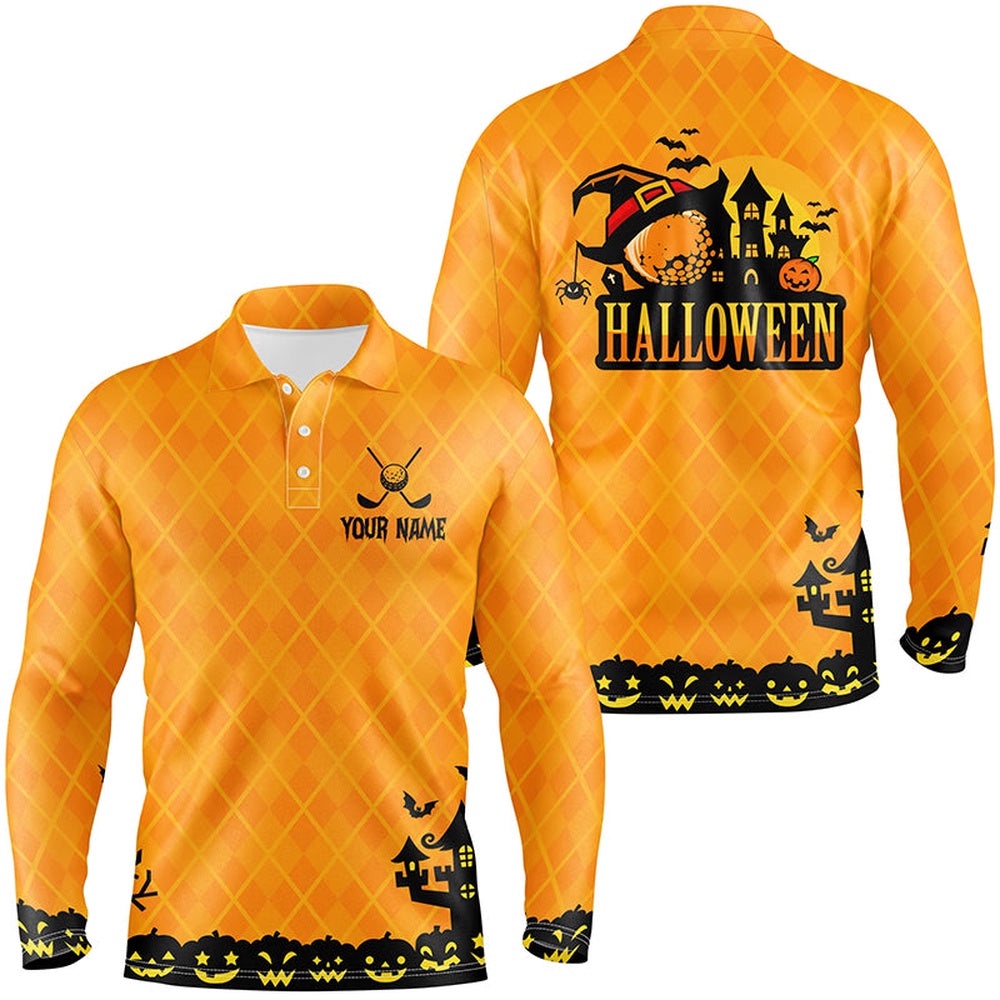 Halloween Landscape Pumpkin Orange Argyle Men’s Golf Polo Shirts Custom Funny Golf Gifts For Men, Golf Polo Shirt, Golf Shirts