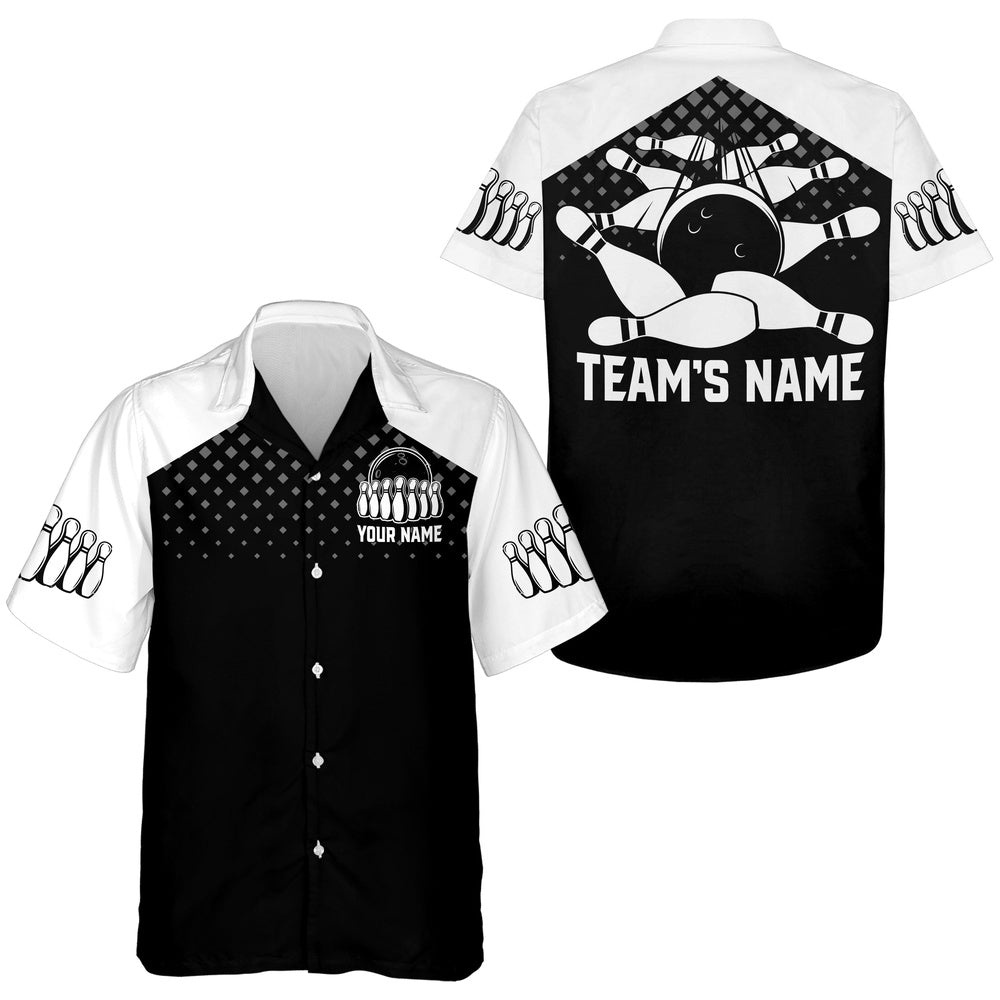 Hawaiian Bowling Shirt For Men Women, Custom Bowling Jersey Black White Bowling Shirt For Team, Custom Team Bowling Hawaiian Shirt