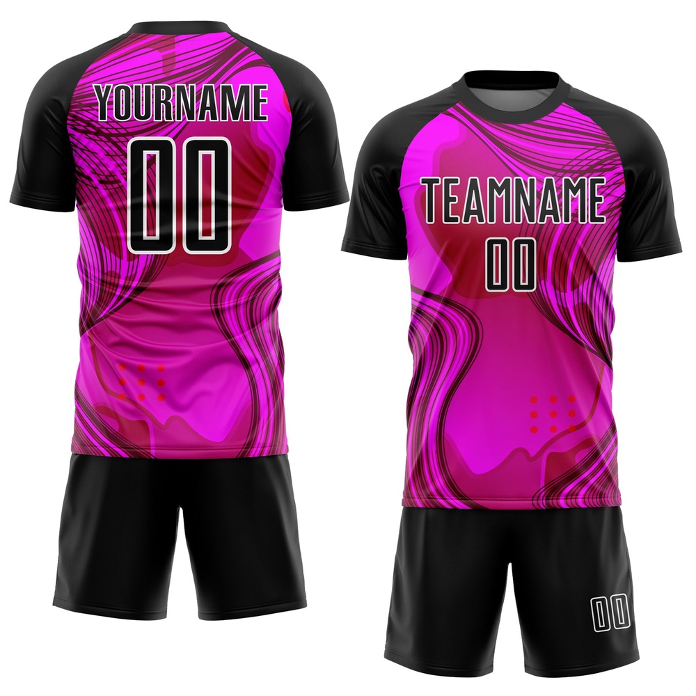 Hot Pink Black White Waves Sublimation Soccer Uniform Jersey, Custom Team Soccer Jersey Shirt