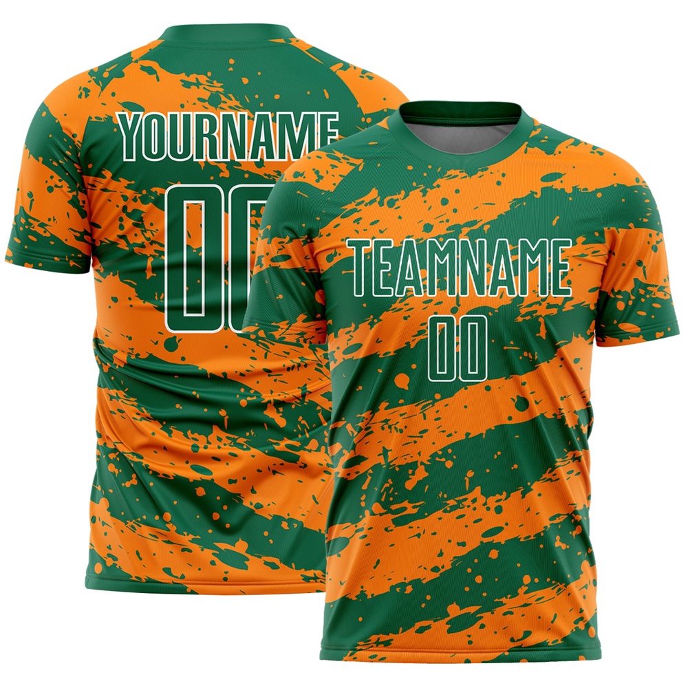 Kelly Green Bay Orange White Splash Sublimation Soccer Uniform Jersey, Custom Team Soccer Jersey Shirt