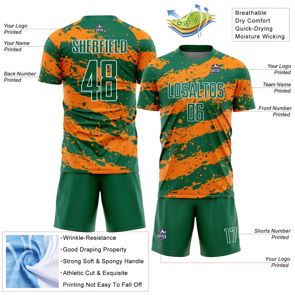 Kelly Green Bay Orange White Splash Sublimation Soccer Uniform Jersey, Custom Team Soccer Jersey Shirt