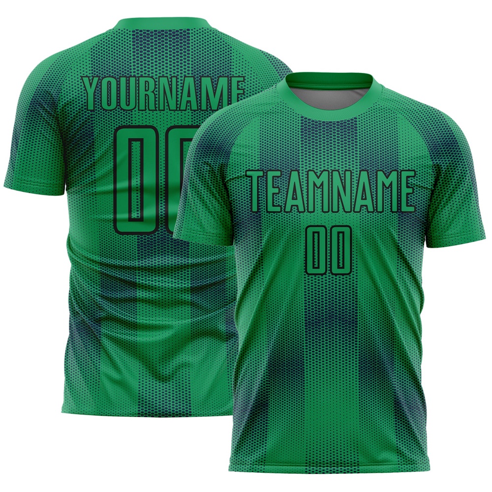 Kelly Green Black Geometric Shapes Sublimation Soccer Uniform Jersey, Custom Team Soccer Jersey Shirt