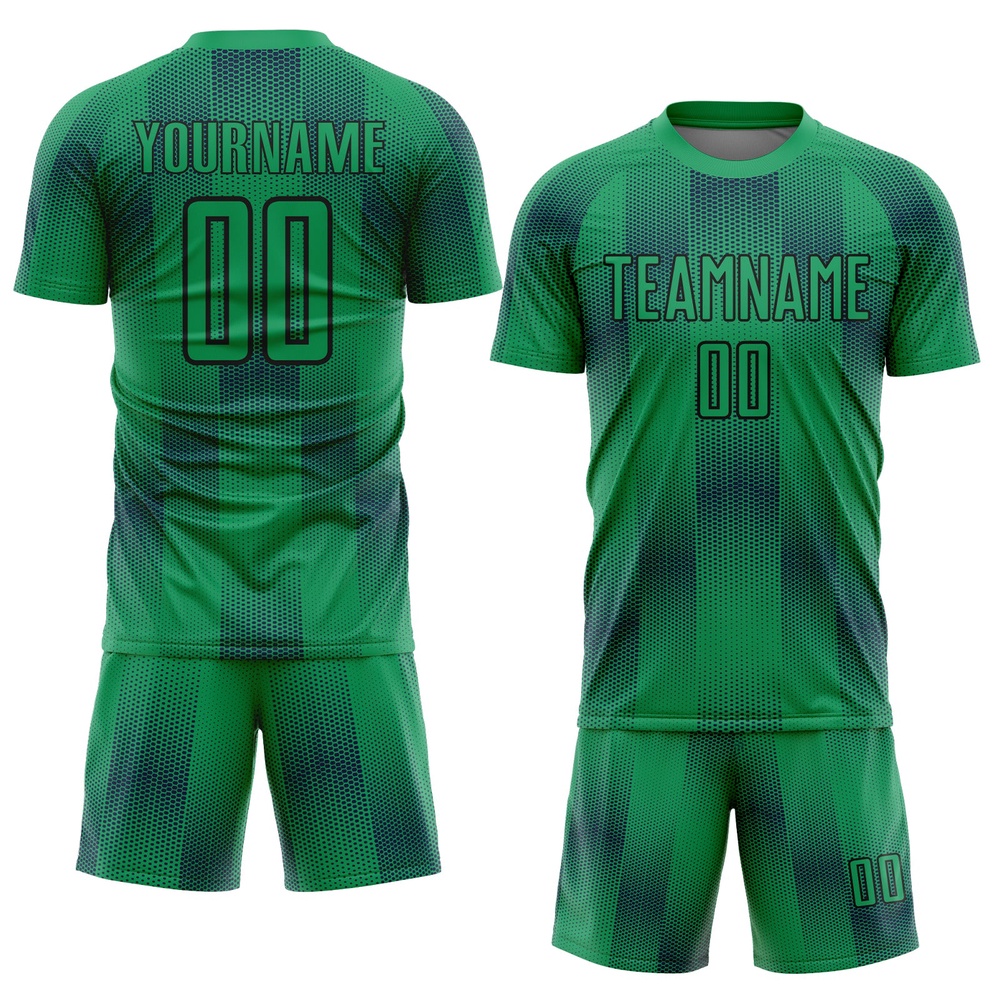 Kelly Green Black Geometric Shapes Sublimation Soccer Uniform Jersey, Custom Team Soccer Jersey Shirt