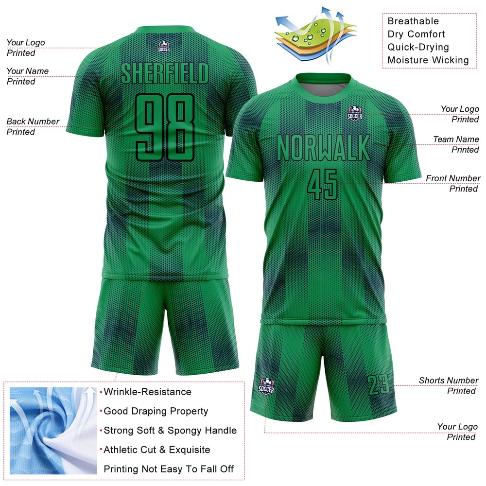 Kelly Green Black Geometric Shapes Sublimation Soccer Uniform Jersey, Custom Team Soccer Jersey Shirt