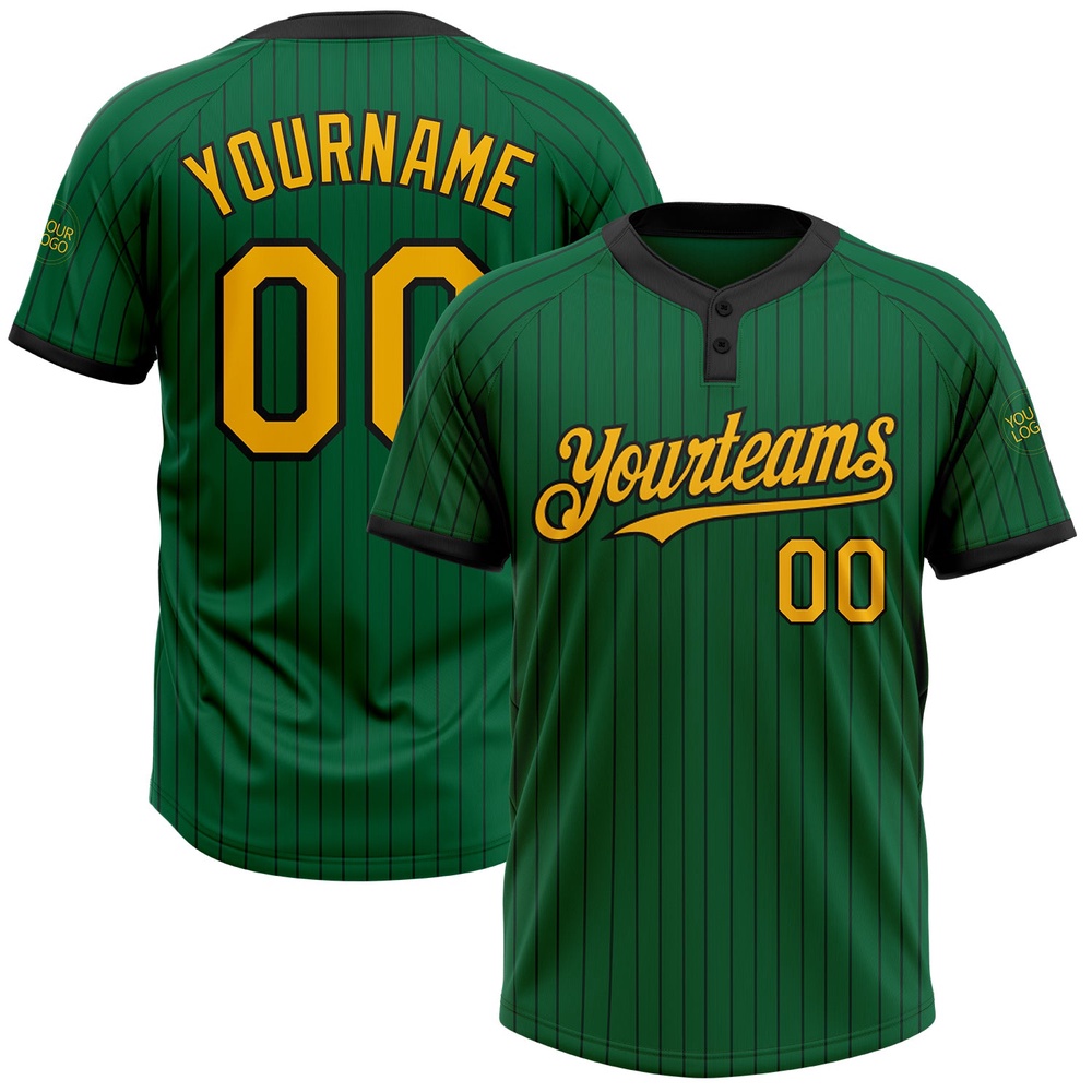 Kelly Green Black Pinstripe Gold Two Button Unisex Softball Jersey, Custom Team Softball Jersey