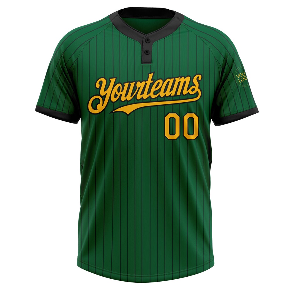 Kelly Green Black Pinstripe Gold Two Button Unisex Softball Jersey, Custom Team Softball Jersey