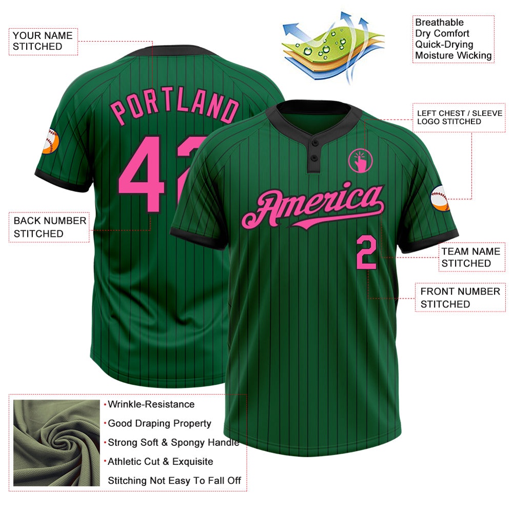 Kelly Green Black Pinstripe Pink Two Button Unisex Softball Jersey, Custom Team Softball Jersey