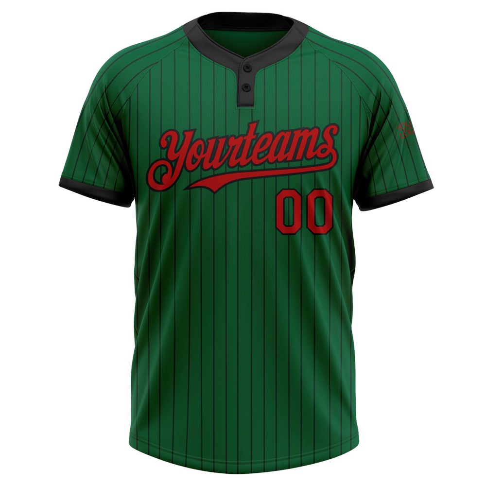 Kelly Green Black Pinstripe Red Two Button Unisex Softball Jersey, Custom Team Softball Jersey
