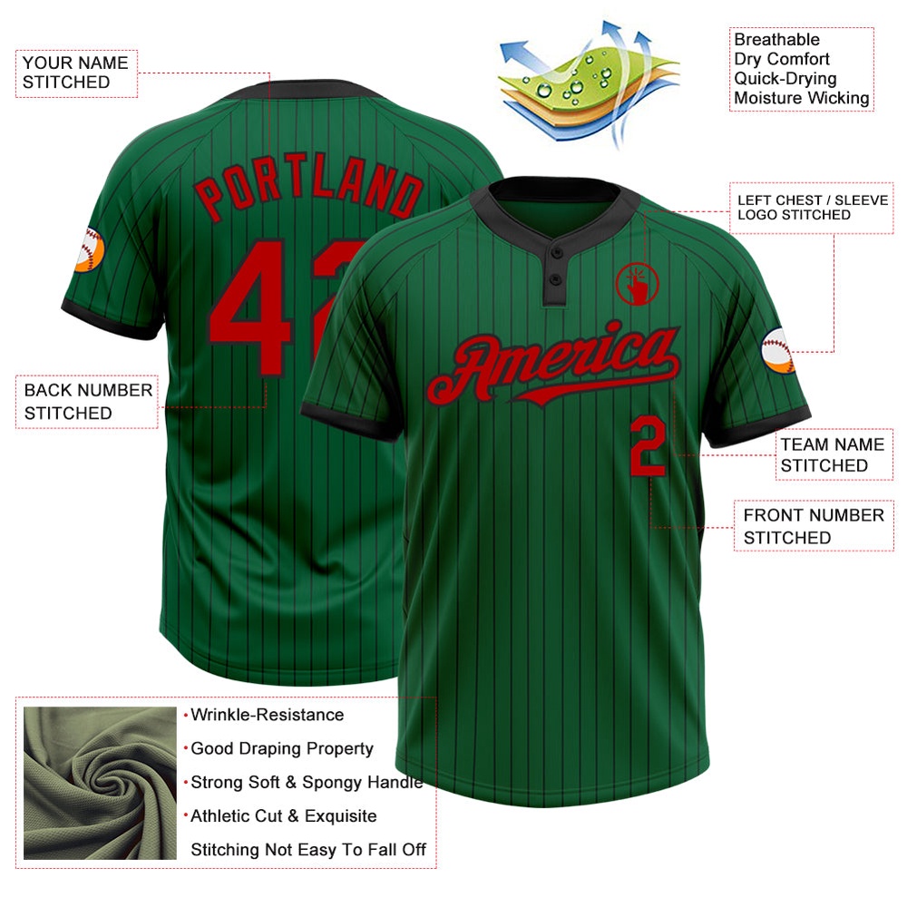 Kelly Green Black Pinstripe Red Two Button Unisex Softball Jersey, Custom Team Softball Jersey