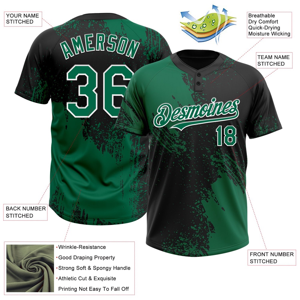 Kelly Green Black White 3D Pattern Abstract Brush Stroke Two Button Unisex Softball Jersey, Custom Team Softball Jersey