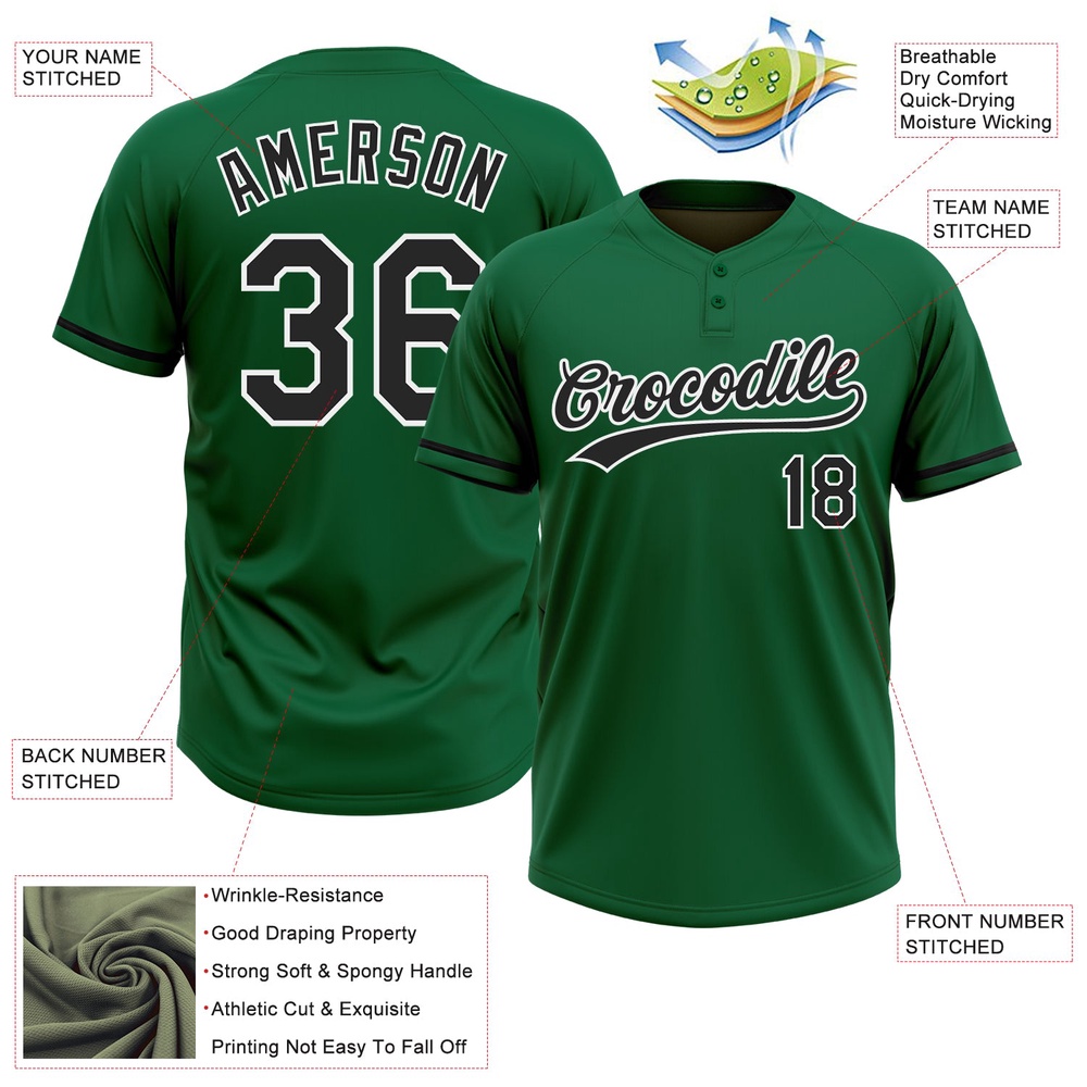 Kelly Green Black White Two Button Unisex Softball Jersey, Custom Team Softball Jersey