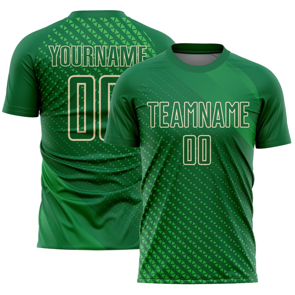Kelly Green City Cream Geometric Shapes Sublimation Soccer Uniform Jersey, Custom Team Soccer Jersey Shirt