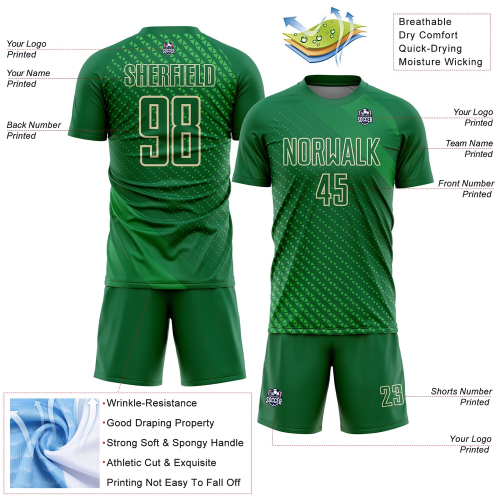 Kelly Green City Cream Geometric Shapes Sublimation Soccer Uniform Jersey, Custom Team Soccer Jersey Shirt