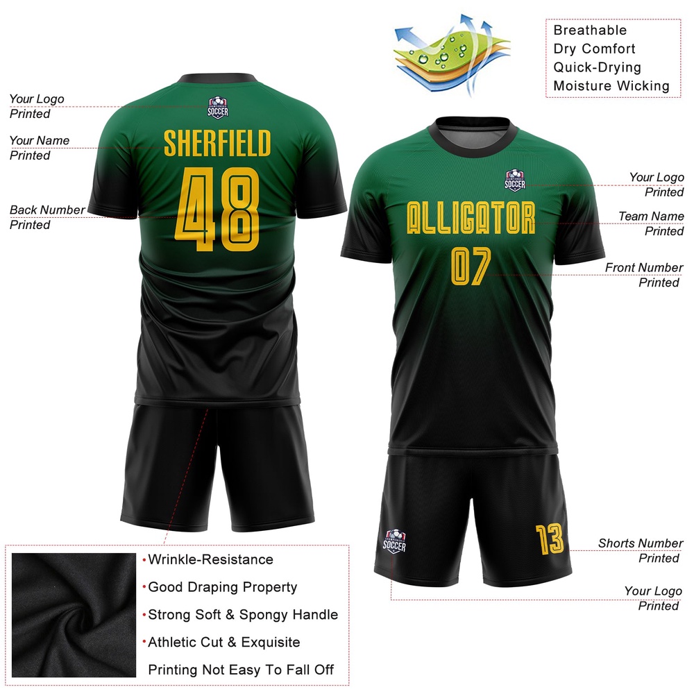 Kelly Green Gold Black Sublimation Fade Fashion Soccer Uniform Jersey, Custom Team Soccer Jersey Shirt