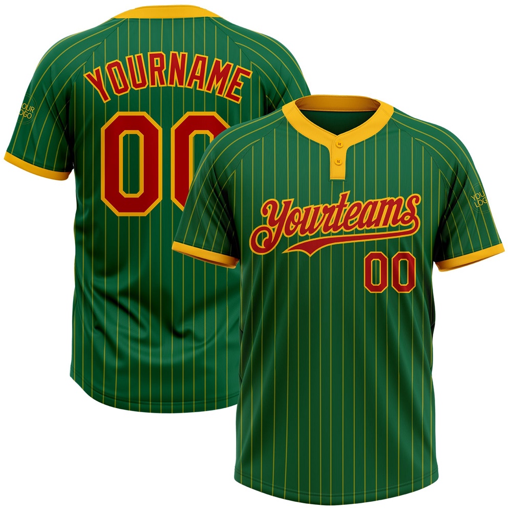 Kelly Green Gold Pinstripe Red Two Button Unisex Softball Jersey, Custom Team Softball Jersey