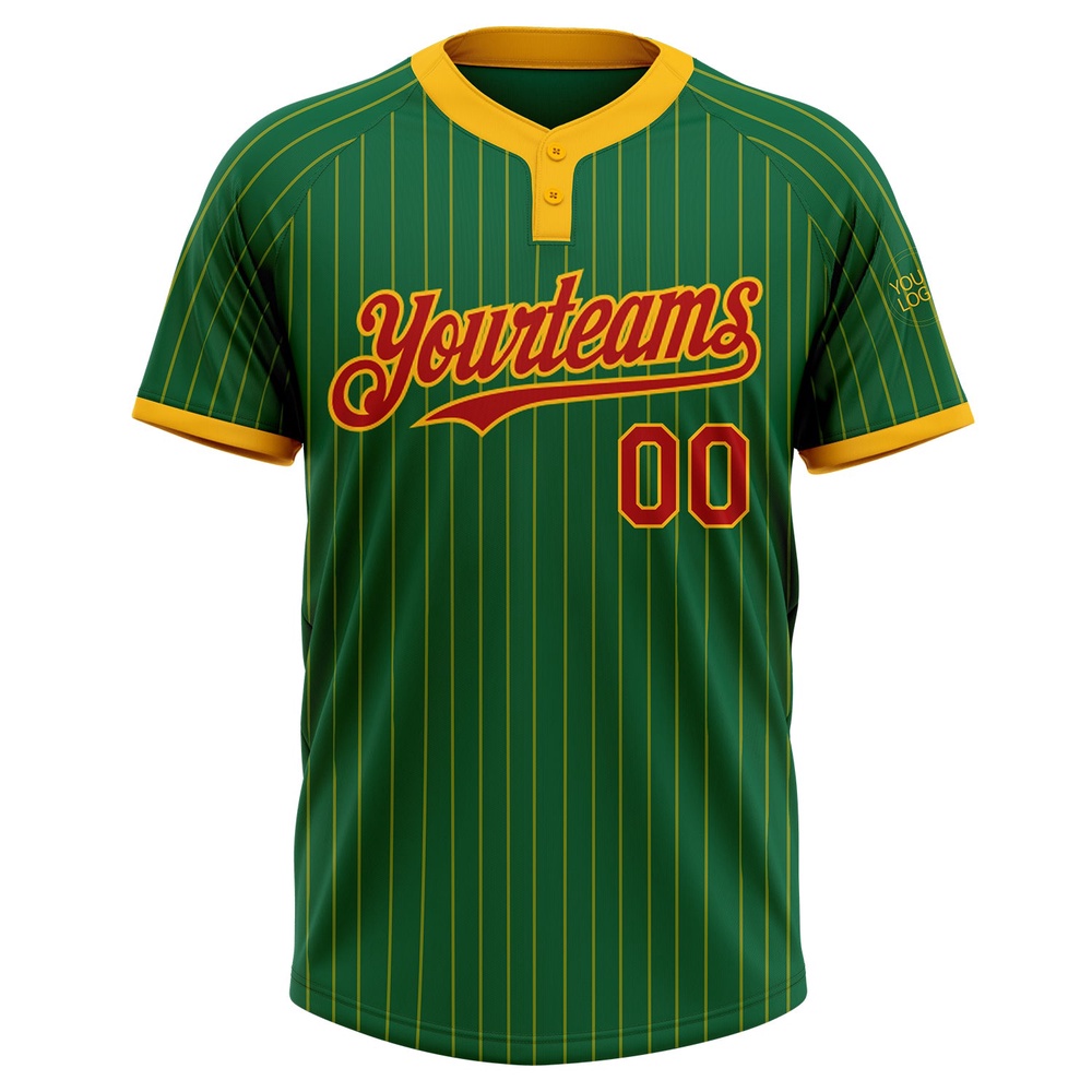 Kelly Green Gold Pinstripe Red Two Button Unisex Softball Jersey, Custom Team Softball Jersey