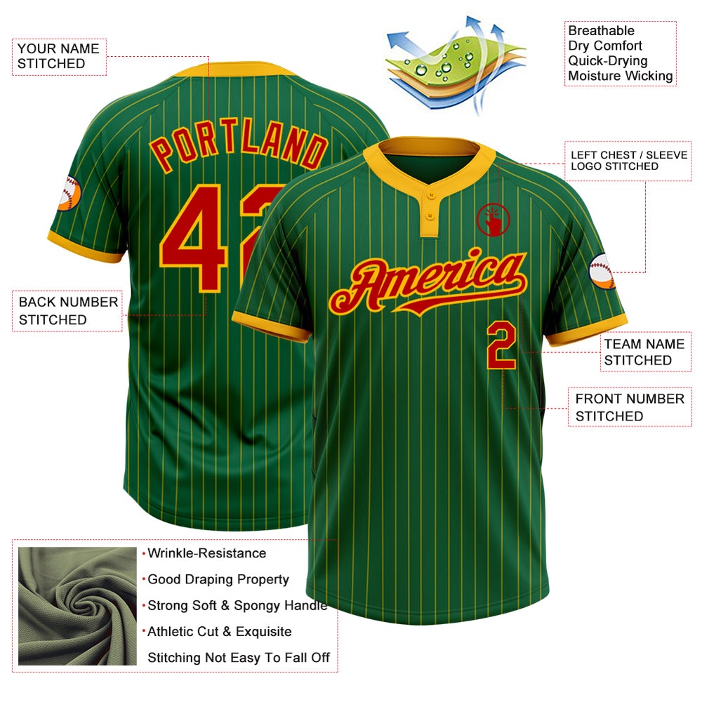 Kelly Green Gold Pinstripe Red Two Button Unisex Softball Jersey, Custom Team Softball Jersey