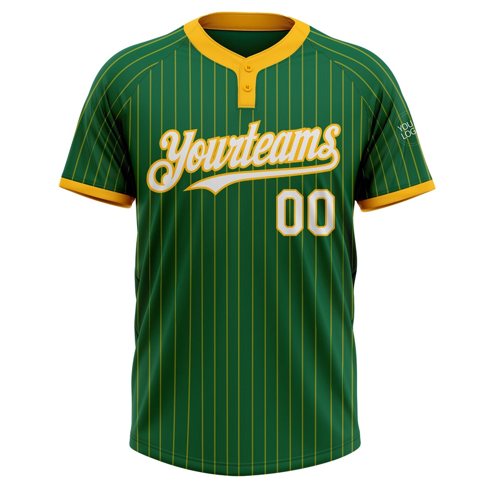 Kelly Green Gold Pinstripe White Two Button Unisex Softball Jersey, Custom Team Softball Jersey