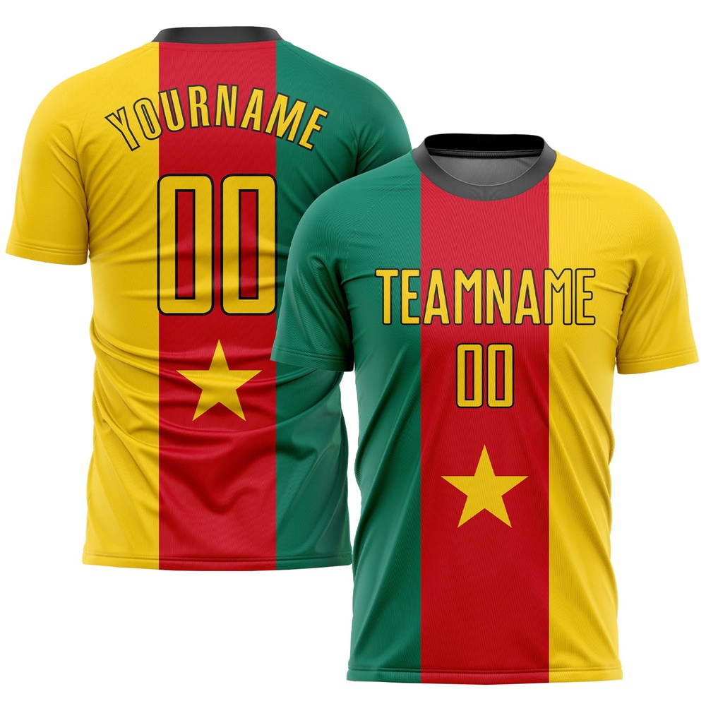 Kelly Green Gold Red Black Sublimation Cameroonian Flag Soccer Uniform Jersey, Custom Team Soccer Jersey Shirt