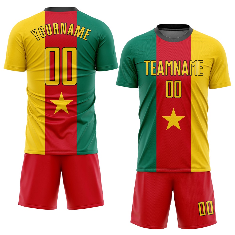 Kelly Green Gold Red Black Sublimation Cameroonian Flag Soccer Uniform Jersey, Custom Team Soccer Jersey Shirt