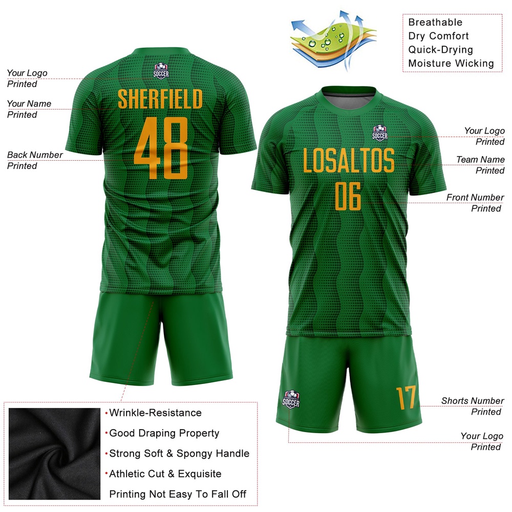 Kelly Green Gold Sublimation Soccer Uniform Jersey, Custom Team Soccer Jersey Shirt