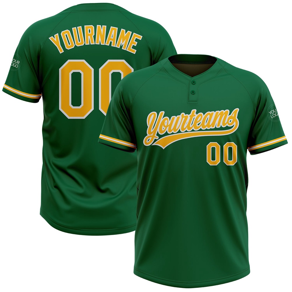 Kelly Green Gold White Two Button Unisex Softball Jersey, Custom Team Softball Jersey