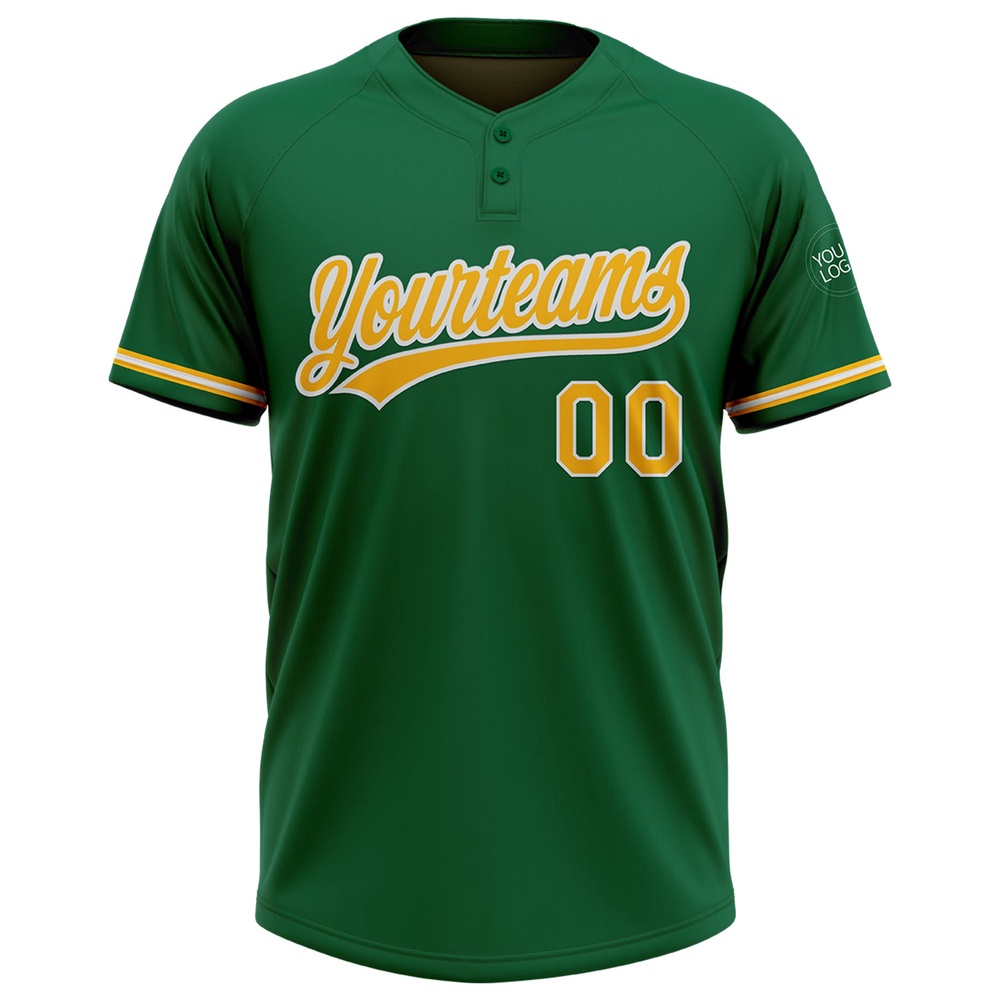 Kelly Green Gold White Two Button Unisex Softball Jersey, Custom Team Softball Jersey