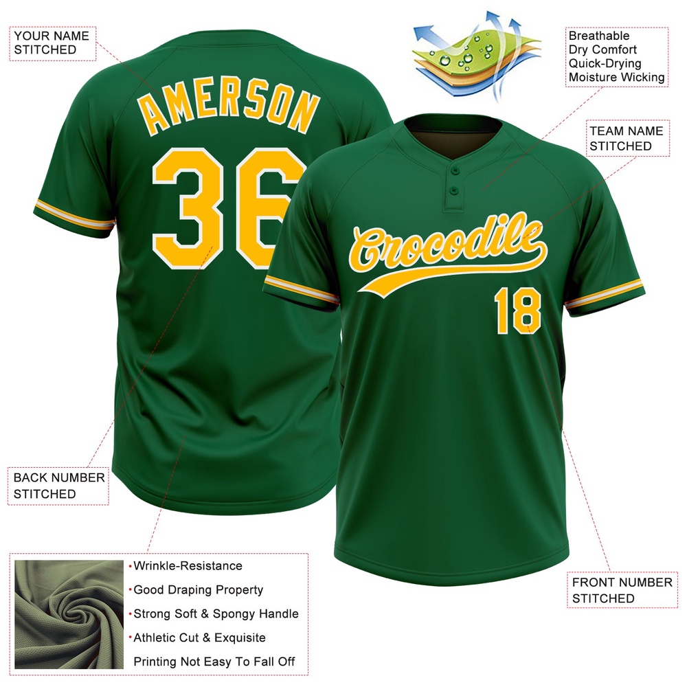 Kelly Green Gold White Two Button Unisex Softball Jersey, Custom Team Softball Jersey