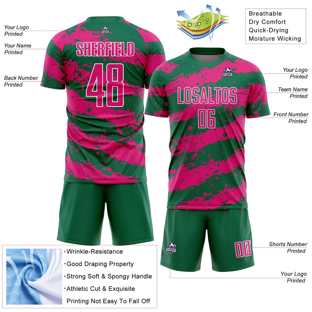 Kelly Green Hot Pink White Splash Sublimation Soccer Uniform Jersey, Custom Team Soccer Jersey Shirt