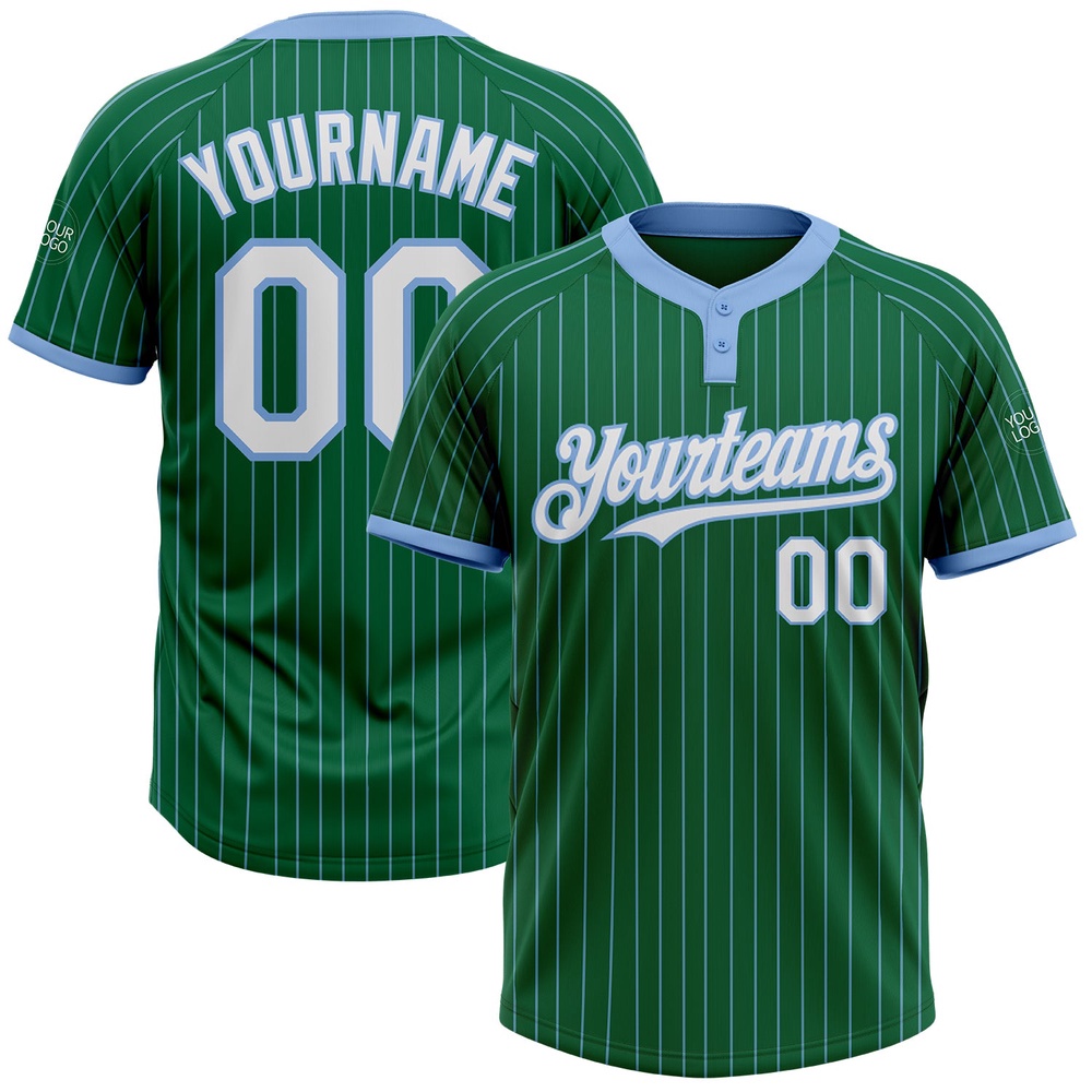Kelly Green Light Blue Pinstripe White Two Button Unisex Softball Jersey, Custom Team Softball Jersey