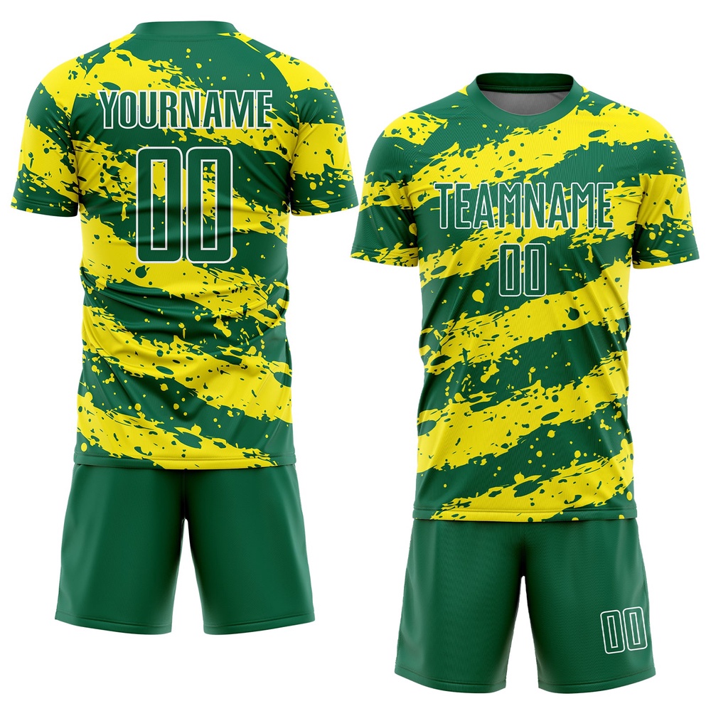 Kelly Green Light Yellow White Splash Sublimation Soccer Uniform Jersey, Custom Team Soccer Jersey Shirt