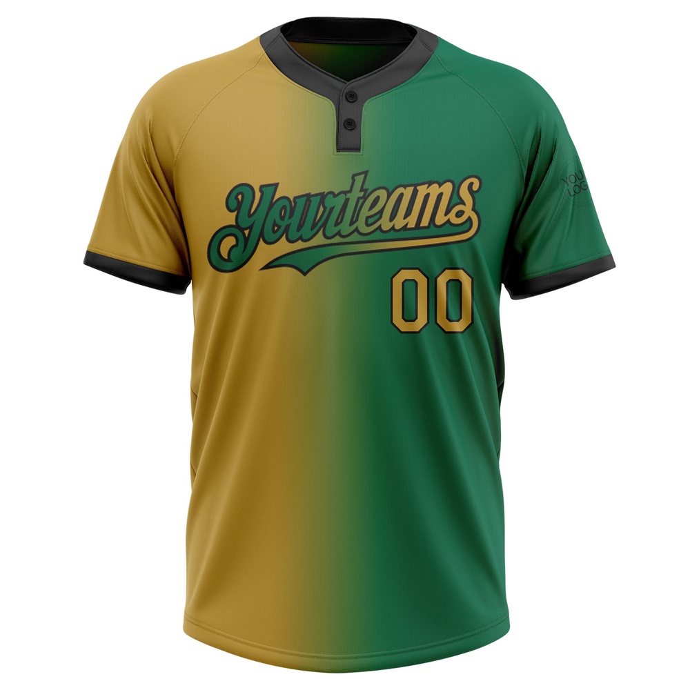 Kelly Green Old Gold Black Gradient Fashion Two Button Unisex Softball Jersey, Custom Team Softball Jersey