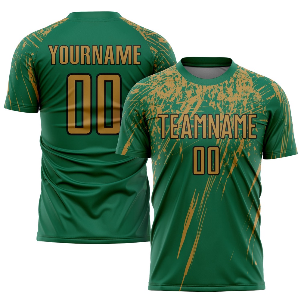 Kelly Green Old Gold Black Sublimation Soccer Uniform Jersey, Custom Team Soccer Jersey Shirt