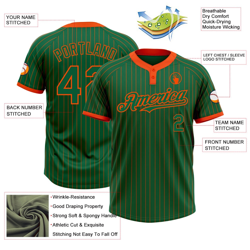 Kelly Green Orange Pinstripe Orange Two Button Unisex Softball Jersey, Custom Team Softball Jersey Kelly Green Orange Pinstripe Orange Two Button Unisex Softball Jersey, Custom Team Softball Jersey