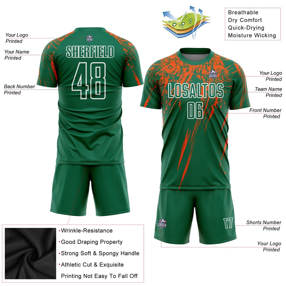 Kelly Green Orange White Sublimation Soccer Uniform Jersey, Custom Team Soccer Jersey Shirt