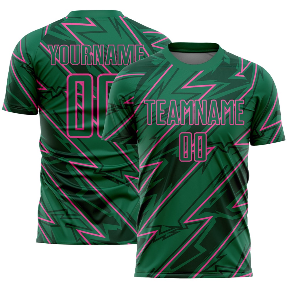 Kelly Green Pink Lightning Sublimation Soccer Uniform Jersey, Custom Team Soccer Jersey Shirt