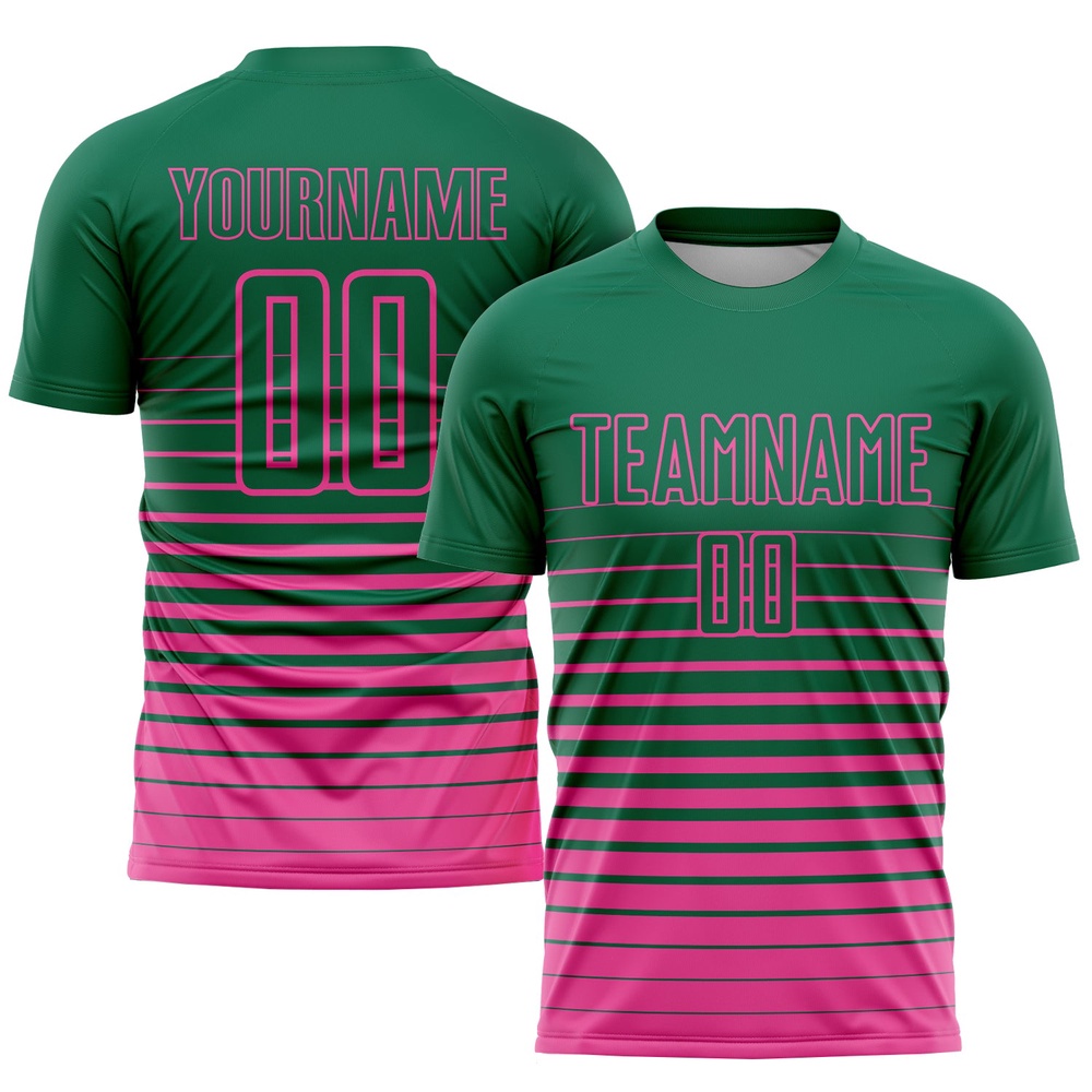 Kelly Green Pink Pinstripe Fade Fashion Sublimation Soccer Uniform Jersey, Custom Team Soccer Jersey Shirt