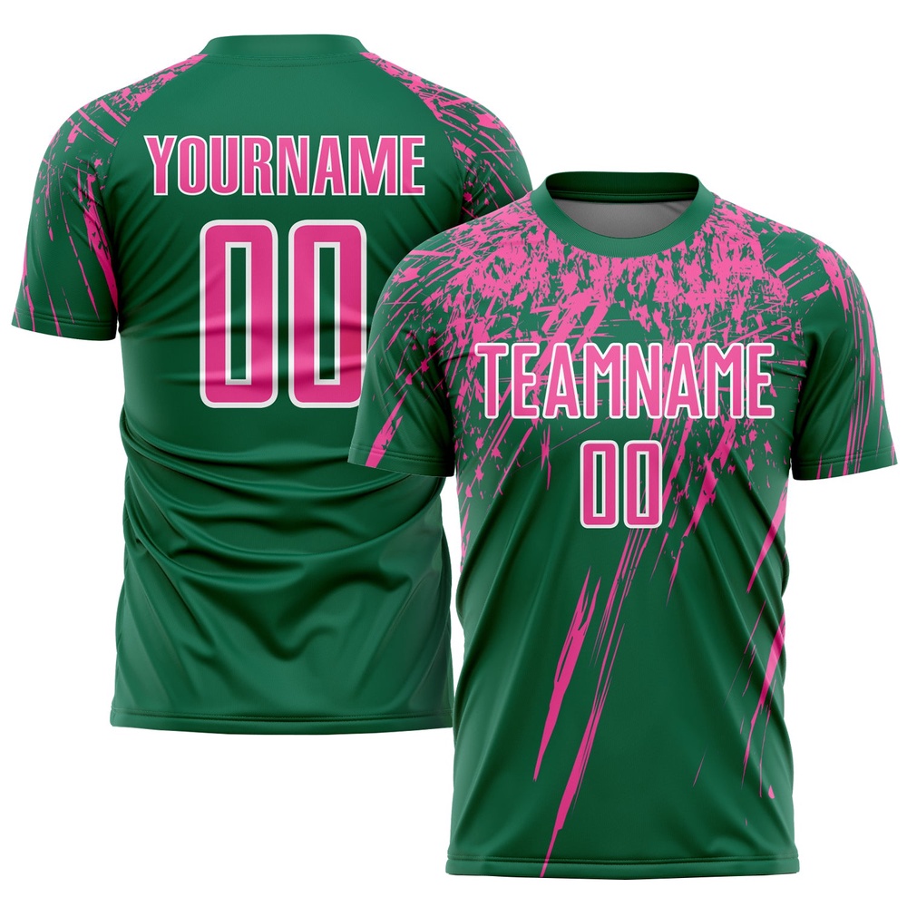 Kelly Green Pink White Sublimation Soccer Uniform Jersey, Custom Team Soccer Jersey Shirt