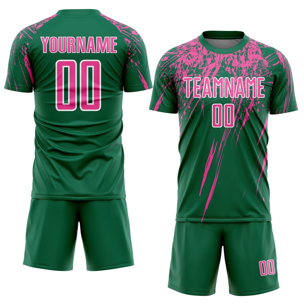 Kelly Green Pink White Sublimation Soccer Uniform Jersey, Custom Team Soccer Jersey Shirt