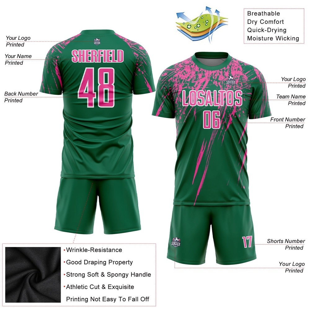 Kelly Green Pink White Sublimation Soccer Uniform Jersey, Custom Team Soccer Jersey Shirt