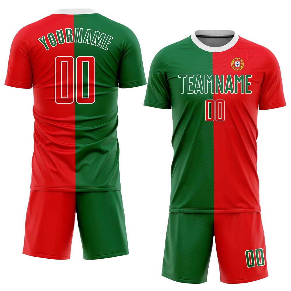 Kelly Green Red White Sublimation Portuguese Flag Soccer Uniform Jersey, Custom Team Soccer Jersey Shirt