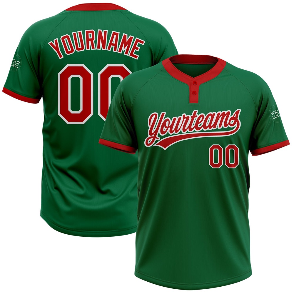 Kelly Green Red White Two Button Unisex Softball Jersey, Custom Team Softball Jersey